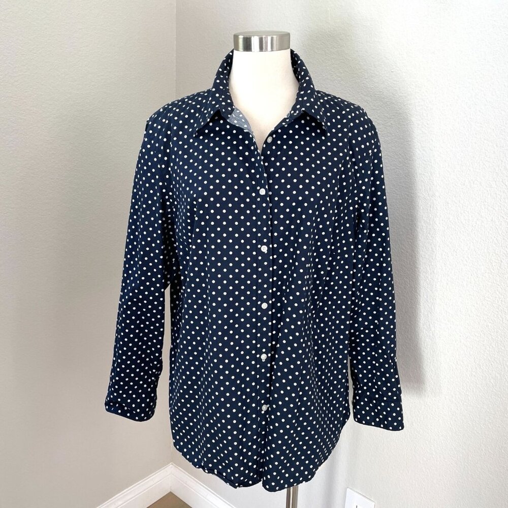 Chaps Womens Plus 2X Button Up Shirt Navy White Polka Dot Long Sleeve Blouse Top